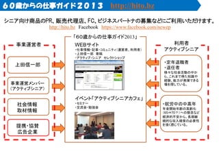 ６０歳からの仕事ガイド２０１３ http://hito.bz
シニア向け商品のPR、販売代理店、FC、ビジネスパートナの募集などにご利用いただけます。
http://hito.bz Facebook https://www.facebook.com/newep
「６０歳からの仕事ガイド2013」
WEBサイト
・仕事情報・記事・コミュニティ（運営者、利用者）
・上田信一郎 寄稿
・アクティブ・シニア セレクトショップ
イベント「アクティブシニアカフェ」
・セミナー
・交流会・勉強会
上田信一郎
事業運営メンバー
（アクティブシニア）
提携・協賛
広告企業
社会情報
取材情報
・定年退職者
・退任者
様々な社会活動の中か
ら、これまで得た知識や
経験、能力が発揮できる
場を探している。
・就労中の中高年
年金開始年齢の高齢化
（65⇒70？）への懸念など
経済的不安から、長期継
続的な収入確保の必要性
を強く感じている。
利用者
アクティブシニア
事業運営者
 