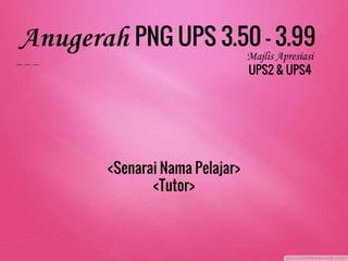 Anugerah PNG UPS 3.50 - 3.99
Majlis Apresiasi
UPS2 & UPS4
<Senarai Nama Pelajar>
<Tutor>
 