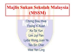 Majlis Sukan Sekolah Malaysia
           (MSSM)
          Chong Siau Hwa
           Foong Yi Kuan
             Ko Tai Yun
            Lim Jun Yan
        Lydia Wong Juan Ye
            Teo Sin Cher
           Wee Yen Ling
 