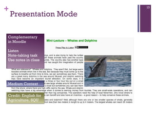 Presentation Mode  Credit: English for Agriculture, SQU Complementary in Moodle Listen Note-taking task Use notes in class Medium Context 