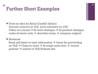 Further Short Examples From an idea by Alicia Cundell (Qatar) Stimulus material on VLE, work submitted via VLE Video w/o sound    Ss write dialogue    Ss perform dialogue audio of movie only    describe scene    compare original Newscast Read and listen to topic information    Items for previewing on VLE    Class on news    Ss script news item    record podcast    submit to VLE/Podcast site 