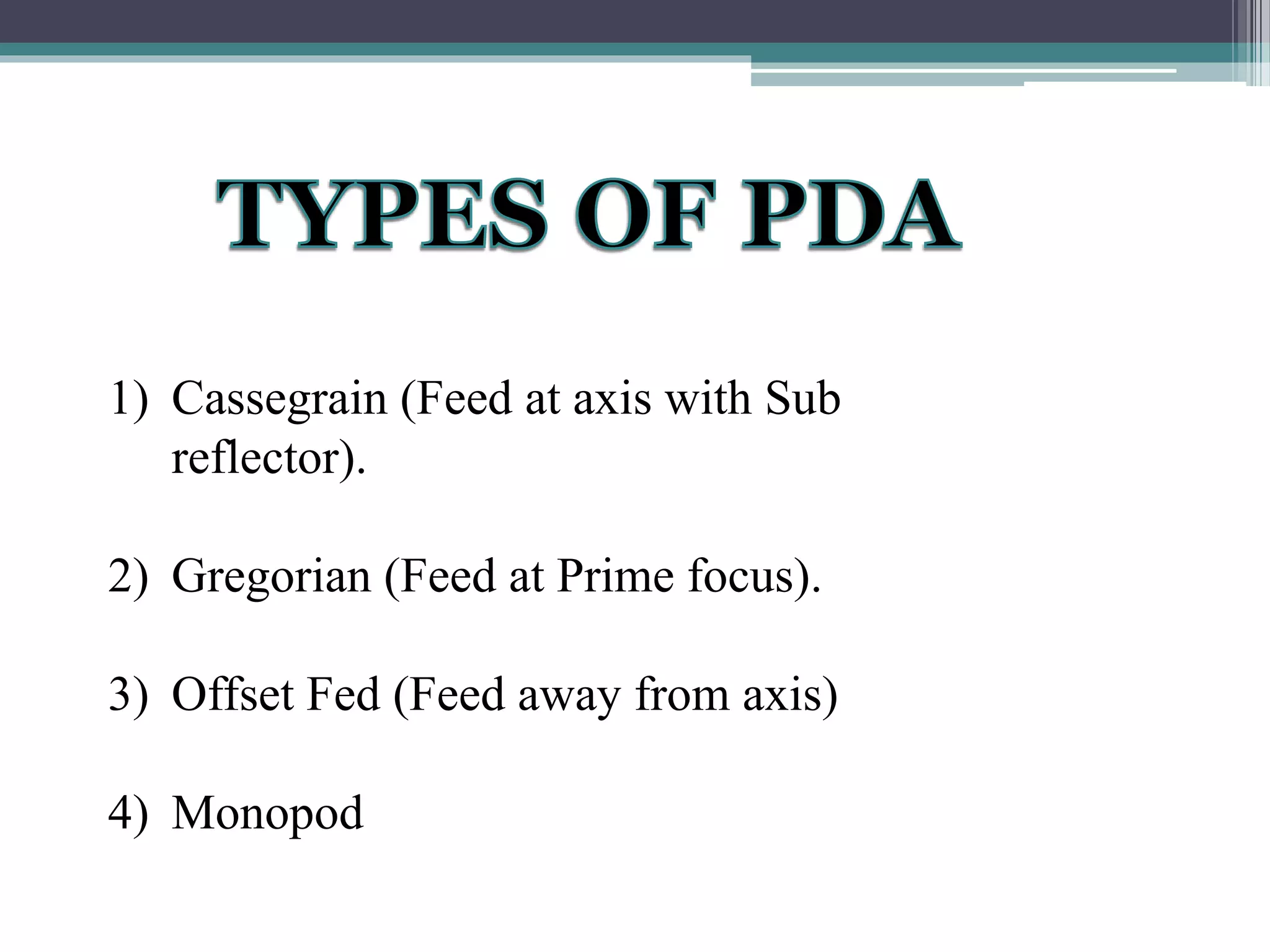 1) Cassegrain (Feed at axis with Sub
reflector).
2) Gregorian (Feed at Prime focus).
3) Offset Fed (Feed away from axis)
4) Monopod
 