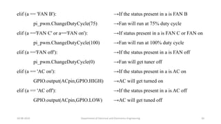 elif (a == 'FAN B'):
pi_pwm.ChangeDutyCycle(75)
elif (a =='FAN C' or a=='FAN on'):
pi_pwm.ChangeDutyCycle(100)
elif (a =='FAN off'):
pi_pwm.ChangeDutyCycle(0)
elif (a == 'AC on'):
GPIO.output(ACpin,GPIO.HIGH)
elif (a == 'AC off'):
GPIO.output(ACpin,GPIO.LOW)
18-08-2019 Department of Electrical and Electronics Engineering 20
→If the status present in a is FAN B
→Fan will run at 75% duty cycle
→If status present in a is FAN C or FAN on
→Fan will run at 100% duty cycle
→If the status present in a is FAN off
→Fan will get tuner off
→If the status present in a is AC on
→AC will get turned on
→If the status present in a is AC off
→AC will get tuned off
 