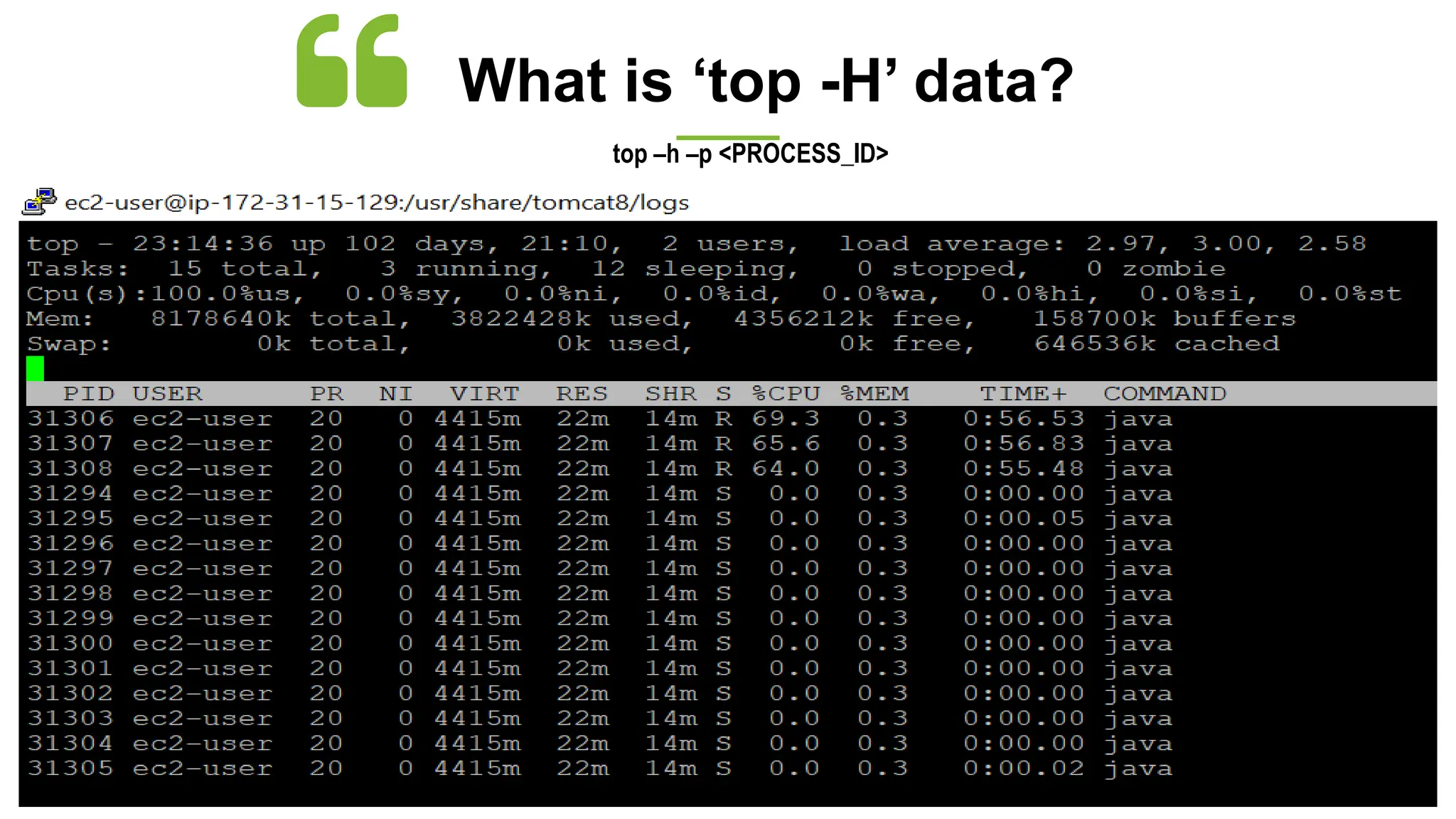 What is ‘top -H’ data?
top –h –p <PROCESS_ID>
 