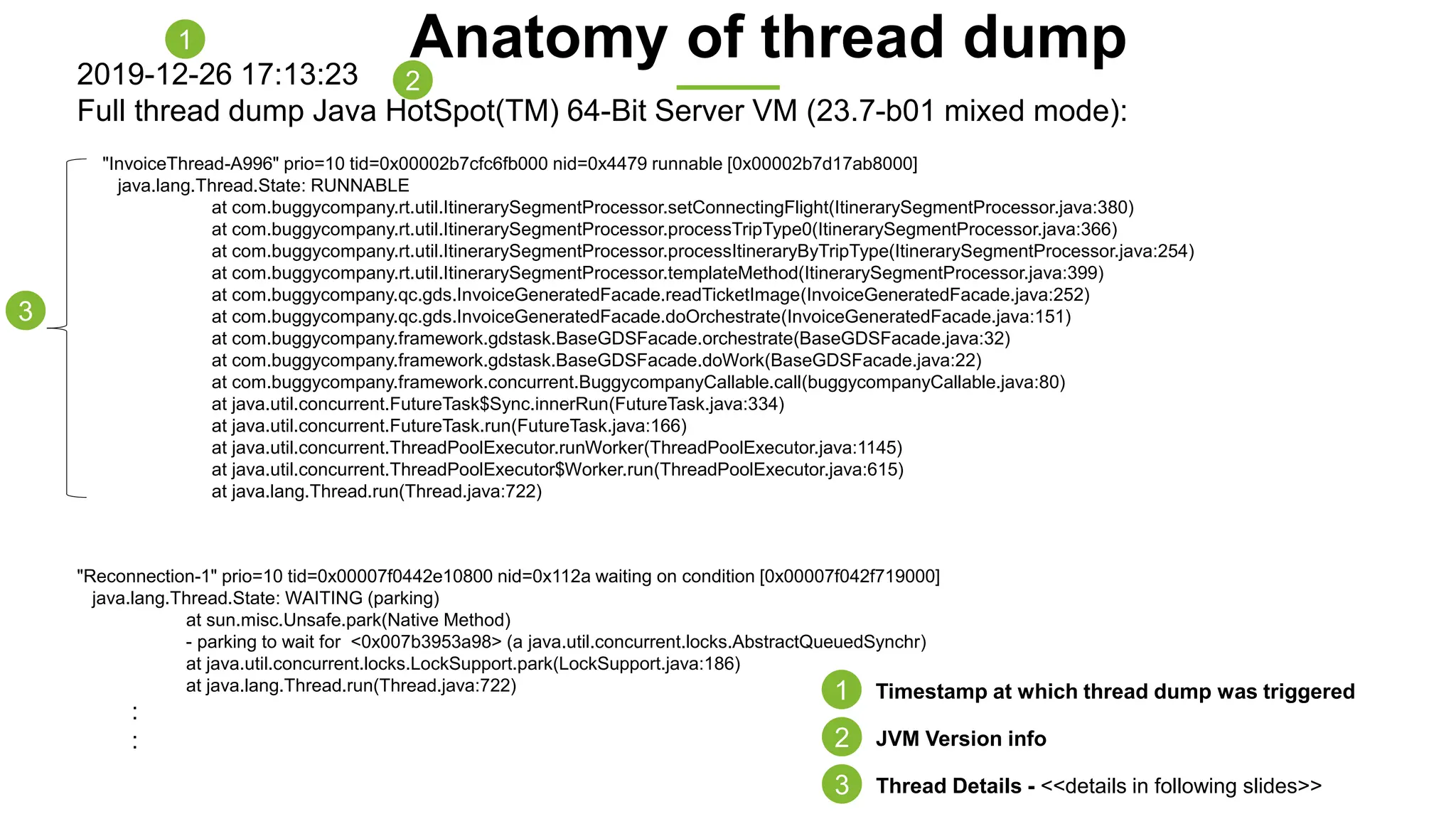 2019-12-26 17:13:23
Full thread dump Java HotSpot(TM) 64-Bit Server VM (23.7-b01 mixed mode):
"Reconnection-1" prio=10 tid=0x00007f0442e10800 nid=0x112a waiting on condition [0x00007f042f719000]
java.lang.Thread.State: WAITING (parking)
at sun.misc.Unsafe.park(Native Method)
- parking to wait for <0x007b3953a98> (a java.util.concurrent.locks.AbstractQueuedSynchr)
at java.util.concurrent.locks.LockSupport.park(LockSupport.java:186)
at java.lang.Thread.run(Thread.java:722)
:
:
1
2
3
1 Timestamp at which thread dump was triggered
2 JVM Version info
3 Thread Details - <<details in following slides>>
Anatomy of thread dump
"InvoiceThread-A996" prio=10 tid=0x00002b7cfc6fb000 nid=0x4479 runnable [0x00002b7d17ab8000]
java.lang.Thread.State: RUNNABLE
at com.buggycompany.rt.util.ItinerarySegmentProcessor.setConnectingFlight(ItinerarySegmentProcessor.java:380)
at com.buggycompany.rt.util.ItinerarySegmentProcessor.processTripType0(ItinerarySegmentProcessor.java:366)
at com.buggycompany.rt.util.ItinerarySegmentProcessor.processItineraryByTripType(ItinerarySegmentProcessor.java:254)
at com.buggycompany.rt.util.ItinerarySegmentProcessor.templateMethod(ItinerarySegmentProcessor.java:399)
at com.buggycompany.qc.gds.InvoiceGeneratedFacade.readTicketImage(InvoiceGeneratedFacade.java:252)
at com.buggycompany.qc.gds.InvoiceGeneratedFacade.doOrchestrate(InvoiceGeneratedFacade.java:151)
at com.buggycompany.framework.gdstask.BaseGDSFacade.orchestrate(BaseGDSFacade.java:32)
at com.buggycompany.framework.gdstask.BaseGDSFacade.doWork(BaseGDSFacade.java:22)
at com.buggycompany.framework.concurrent.BuggycompanyCallable.call(buggycompanyCallable.java:80)
at java.util.concurrent.FutureTask$Sync.innerRun(FutureTask.java:334)
at java.util.concurrent.FutureTask.run(FutureTask.java:166)
at java.util.concurrent.ThreadPoolExecutor.runWorker(ThreadPoolExecutor.java:1145)
at java.util.concurrent.ThreadPoolExecutor$Worker.run(ThreadPoolExecutor.java:615)
at java.lang.Thread.run(Thread.java:722)
 
