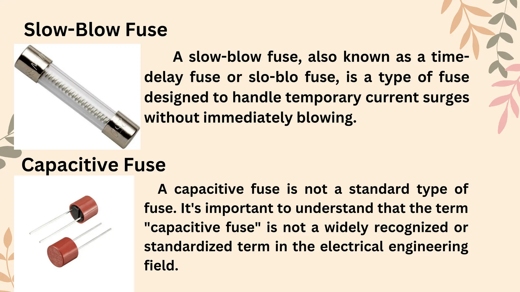 Slow-Blow Fuse
A slow-blow fuse, also known as a time-
delay fuse or slo-blo fuse, is a type of fuse
designed to handle temporary current surges
without immediately blowing.
Capacitive Fuse
A capacitive fuse is not a standard type of
fuse. It's important to understand that the term
"capacitive fuse" is not a widely recognized or
standardized term in the electrical engineering
field.
 