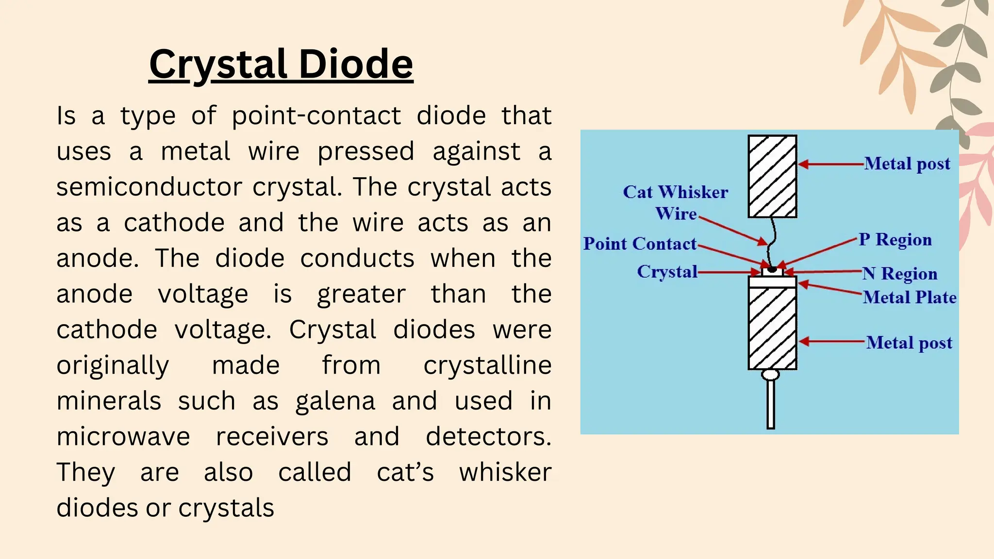 Crystal Diode
Is a type of point-contact diode that
uses a metal wire pressed against a
semiconductor crystal. The crystal acts
as a cathode and the wire acts as an
anode. The diode conducts when the
anode voltage is greater than the
cathode voltage. Crystal diodes were
originally made from crystalline
minerals such as galena and used in
microwave receivers and detectors.
They are also called cat’s whisker
diodes or crystals
 