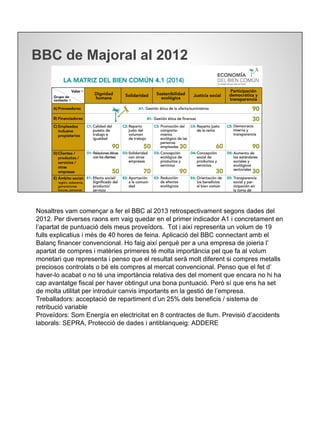 BBC de Majoral al 2012
Nosaltres vam començar a fer el BBC al 2013 retrospectivament segons dades del
2012. Per diverses raons em vaig quedar en el primer indicador A1 i concretament en
l’apartat de puntuació dels meus proveïdors. Tot i així representa un volum de 19
fulls explicatius i més de 40 hores de feina. Aplicació del BBC connectant amb el
Balanç financer convencional. Ho faig així perquè per a una empresa de joieria l’
apartat de compres i matèries primeres té molta importància pel que fa al volum
monetari que representa i penso que el resultat serà molt diferent si compres metalls
preciosos controlats o bé els compres al mercat convencional. Penso que el fet d’
haver-lo acabat o no té una importància relativa des del moment que encara no hi ha
cap avantatge fiscal per haver obtingut una bona puntuació. Però sí que ens ha set
de molta utilitat per introduir canvis importants en la gestió de l’empresa.
Treballadors: acceptació de repartiment d’un 25% dels beneficis / sistema de
retribució variable
Proveïdors: Som Energía en electricitat en 8 contractes de llum. Previsió d’accidents
laborals: SEPRA, Protecció de dades i antiblanqueig: ADDERE
 