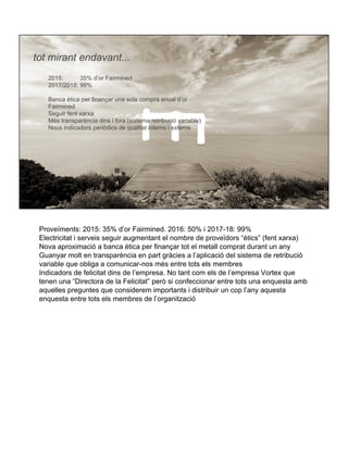 tot mirant endavant...
2015: 35% d’or Fairmined
2017/2018: 99%
Banca ètica per finançar una sola compra anual d’or
Fairmined
Seguir fent xarxa
Més transparència dins i fora (sistema retribució variable)
Nous indicadors periòdics de qualitat interns i externs
Proveïments: 2015: 35% d’or Fairmined. 2016: 50% i 2017-18: 99%
Electricitat i serveis seguir augmentant el nombre de proveïdors “ètics” (fent xarxa)
Nova aproximació a banca ètica per finançar tot el metall comprat durant un any
Guanyar molt en transparència en part gràcies a l’aplicació del sistema de retribució
variable que obliga a comunicar-nos més entre tots els membres
Indicadors de felicitat dins de l’empresa. No tant com els de l’empresa Vortex que
tenen una “Directora de la Felicitat” però si confeccionar entre tots una enquesta amb
aquelles preguntes que considerem importants i distribuir un cop l’any aquesta
enquesta entre tots els membres de l’organització
 