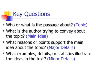 Key Questions Who or what is the passage about?  (Topic) What is the author trying to convey about the topic?  (Main Idea) What reasons or points support the main idea about the topic?  (Major Details) What examples, details, or statistics illustrate the ideas in the text?  (Minor Details) 
