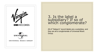 3. Is the label a
subsidiary? If so of
which conglomerate?
All of "Halsey's" record labels are a subsidiary, and
they are all a conglomerate of Universal Music
Group.
 