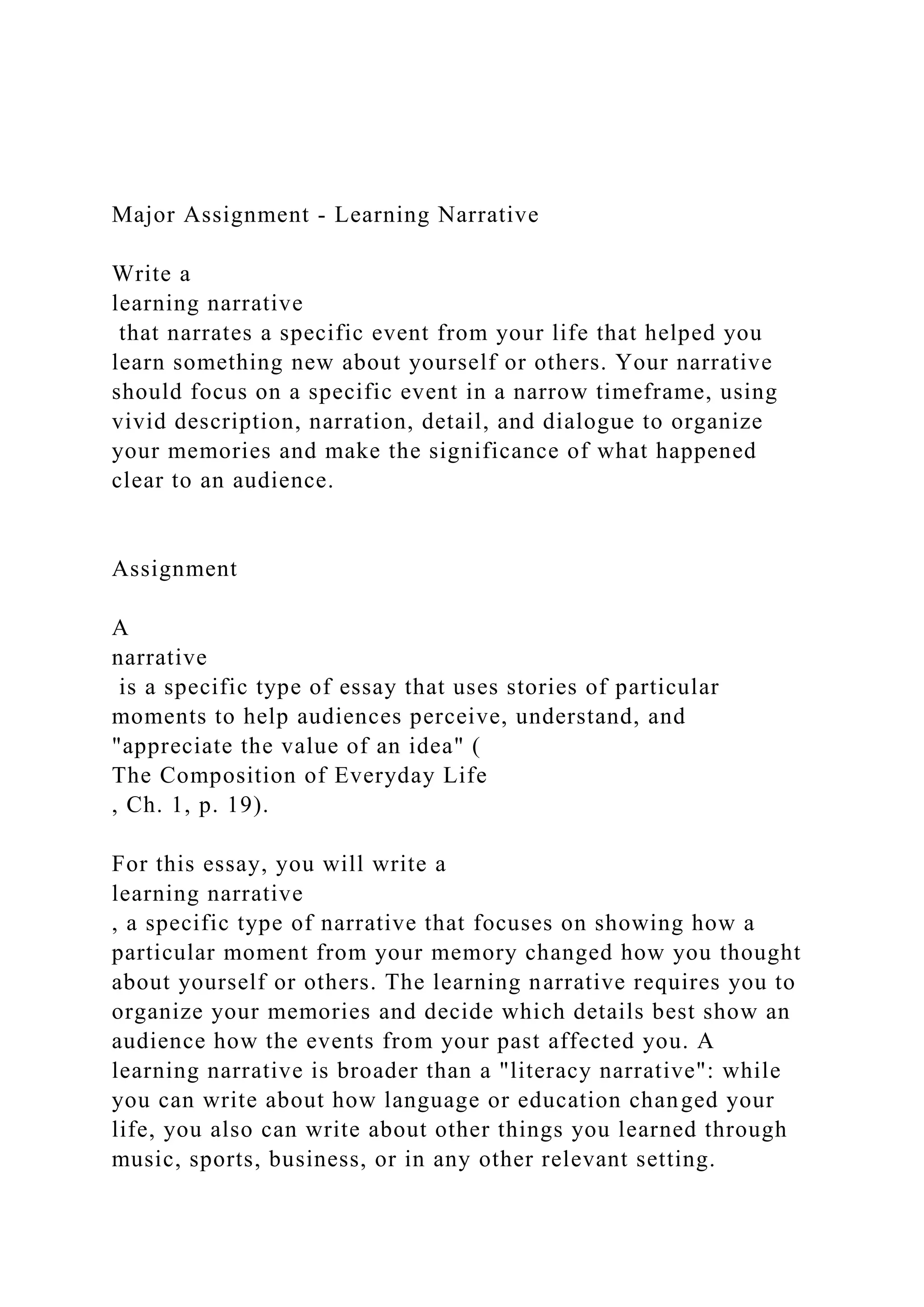 Major Assignment Learning Narrativewrite A Learning Narr Docx