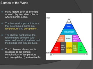 Biomes of the WorldMany factors such as soil type or wind play important roles in where biomes occur. The two most important factors that determine a biome are temperature and precipitation.The chart at right shows the relationships between cold-warm and wet-dry locations and the biomes that they produce.The 11 biomes shown are in response to the climate combinations of temperature and precipitation (rain) available.