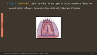 • Step 5: Unification. After selection of the type of major connector based on
considerations in Step 4, the denture base areas and connectors are joined
Department of prosthodontics, crown & bridge and oral implantology, DDCH, Udaipur 44
DESIGN
 