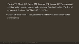 • Pienkos TE, Morris WJ, Gronet PM, Cameron SM, Looney SW. The strength of
multiple major connector designs under simulated functional loading. The Journal
of prosthetic dentistry. 2007 May 1;97(5):299-304.
• Classic article,selection of a major connector for the extension-base removable
partial denture
Department of prosthodontics, crown & bridge and oral implantology, DDCH, Udaipur 82
 