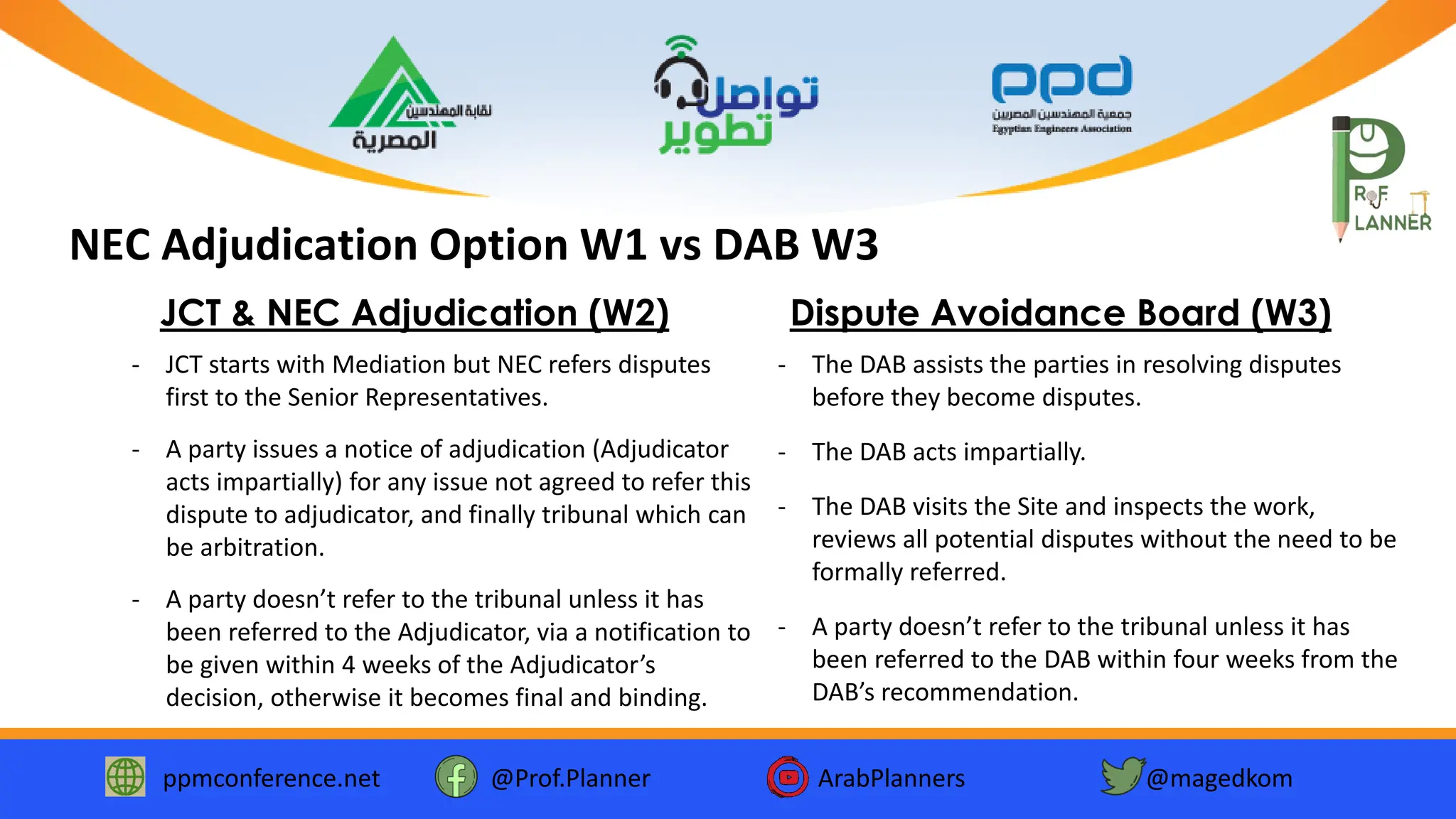 ppmconference.net @Prof.Planner ArabPlanners @magedkom
NEC Adjudication Option W1 vs DAB W3
JCT & NEC Adjudication (W2) Dispute Avoidance Board (W3)
- JCT starts with Mediation but NEC refers disputes
first to the Senior Representatives.
- A party issues a notice of adjudication (Adjudicator
acts impartially) for any issue not agreed to refer this
dispute to adjudicator, and finally tribunal which can
be arbitration.
- A party doesn’t refer to the tribunal unless it has
been referred to the Adjudicator, via a notification to
be given within 4 weeks of the Adjudicator’s
decision, otherwise it becomes final and binding.
- The DAB assists the parties in resolving disputes
before they become disputes.
- The DAB acts impartially.
- The DAB visits the Site and inspects the work,
reviews all potential disputes without the need to be
formally referred.
- A party doesn’t refer to the tribunal unless it has
been referred to the DAB within four weeks from the
DAB’s recommendation.
 