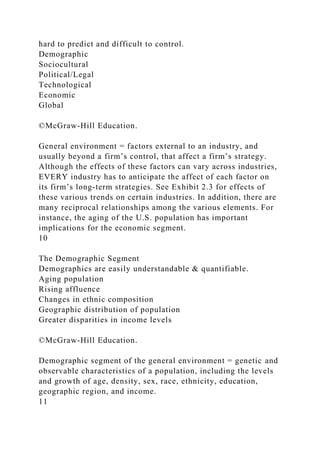 hard to predict and difficult to control.
Demographic
Sociocultural
Political/Legal
Technological
Economic
Global
©McGraw-Hill Education.
General environment = factors external to an industry, and
usually beyond a firm’s control, that affect a firm’s strategy.
Although the effects of these factors can vary across industries,
EVERY industry has to anticipate the affect of each factor on
its firm’s long-term strategies. See Exhibit 2.3 for effects of
these various trends on certain industries. In addition, there are
many reciprocal relationships among the various elements. For
instance, the aging of the U.S. population has important
implications for the economic segment.
10
The Demographic Segment
Demographics are easily understandable & quantifiable.
Aging population
Rising affluence
Changes in ethnic composition
Geographic distribution of population
Greater disparities in income levels
©McGraw-Hill Education.
Demographic segment of the general environment = genetic and
observable characteristics of a population, including the levels
and growth of age, density, sex, race, ethnicity, education,
geographic region, and income.
11
 