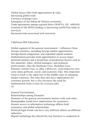 Global forces offer both opportunities & risks.
Increasing global trade
Currency exchange rates
Emergence of the Indian & Chinese economies
Trade agreements among regional blocs (NAFTA, EU, ASEAN)
Creation of the WTO (leading to decreasing tariffs/free trade in
services)
Increased risks associated with terrorism
©McGraw-Hill Education.
Global segment of the general environment = influences from
foreign countries, including foreign market opportunities,
foreign-based competition, and expanded capital markets.
Globalization provides both opportunities to access larger
potential markets and a broad base of production factors such as
raw materials, labor, skilled managers, and technical
professionals. (See the Starbucks Case, Heineken Case,
Emirates Airline Case, or eBay.) However, such endeavors also
carry many political, social, and economic risks. One important
trend to track is the rapid rise of the middle class in emerging
market countries. Not only does this have implications for
consumer growth, but it also increases the need for
multinational firms to hire for overseas jobs.
16
General Environment:
Relationships among Elements
Elements of the general environment interact with each other.
Demographic trends have implications for economics.
Greater access to information technology affects both
economics and global relationships.
Political/legal trends can have very different effects on different
industries.
Digital technology has altered the way business is conducted in
 