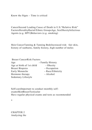 Know the Signs – Time is critical
CancerSecond Leading Cause of Death in U.S.“Relative Risk”
FactorsHeredityRacial/Ethnic GroupsAge, SexObesityInfectious
Agents (e.g. HPV)Behaviors (e.g. smoking)
Skin CancerTanning & Tanning BedsIncreased risk: fair skin,
history of sunburns, family history, high number of moles
Breast CancerRisk Factors
Age - Family History
Age at birth of 1st child - Obesity
Breast Biopsies - Occupation
Early Menarche - Race/Ethnicity
Hormone therapy - Alcohol
Sedentary Lifestyle
Self-careImportant to conduct monthly self-
examsSkinBreastTesticular
Have regular physical exams and tests as recommended
*
CHAPTER 2
Analyzing the
 