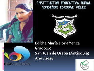 INSTITUCIÓN EDUCATIVA RURAL
MONSEÑOR ESCOBAR VÉLEZ
Editha María DoriaYance
Grado:10
San Juan de Uraba (Antioquia)
Año : 2016
 