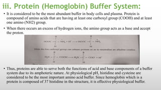 iii. Protein (Hemoglobin) Buffer System:
• It is considered to be the most abundant buffer in body cells and plasma. Protein is
compound of amino acids that are having at least one carboxyl group (COOH) and at least
one amino (NH2) group.
• When there occurs an excess of hydrogen ions, the amino group acts as a base and accept
the proton.
• Thus, proteins are able to serve both the functions of acid and base components of a buffer
system due to its amphoteric nature. At physiological pH, histidine and cysteine are
considered to be the most important amino acid buffer. Since hemoglobin which is a
protein is composed of 37 histidine in the structure, it is effective physiological buffer.
 