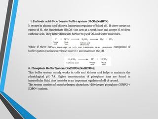 i. Carbonic acid-Bicarbonate Buffer system (H2CO3/NaHCO3):
It occurs in plasma and kidneys. Important regulator of blood pH. If there occurs an
excess of H+, the bicarbonate (HCO3-) ion acts as a weak base and accept H+ to form
carbonic acid. They latter dissociate further to yield CO2 and water molecules.
While if there occurs shortage of H+, the carbonic acid (another compound of
buffer system) ionises to release more H+ and maintain the pH.
ii. Phosphate Buffer System (Na2HPO4/NaH2PO4):
This buffer system mainly works in cells and kidneys and helps to maintain the
physiological pH 7.4. Higher concentration of phosphate ions are found in
intracellular fluid, thus consider as an important regulator of pH of cytosol.
The system consists of monohydrogen phosphate/ dihydrogen phosphate (HPO42-/
H2PO4-) anions.
 