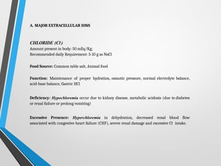 A. MAJOR EXTRACELLULAR IONS
CHLORIDE (Cl-)
Amount present in body: 50 mEq/Kg;
Recommended daily Requirement: 5-10 g as NaCl
Food Source: Common table salt, Animal food
Function: Maintenance of proper hydration, osmotic pressure, normal electrolyte balance,
acid-base balance, Gastric HCl
Deficiency: Hypochloremia occur due to kidney disease, metabolic acidosis (due to diabetes
or renal failure or prolong vomiting)
Excessive Presence: Hyperchloremia in dehydration, decreased renal blood flow
associated with congestive heart failure (CHF), severe renal damage and excessive Cl- intake.
 