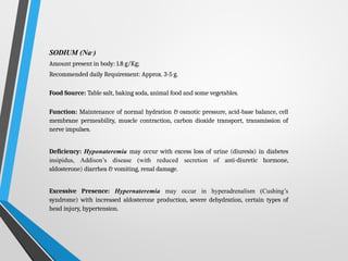 SODIUM (Na+)
Amount present in body: 1.8 g/Kg;
Recommended daily Requirement: Approx. 3-5 g.
Food Source: Table salt, baking soda, animal food and some vegetables.
Function: Maintenance of normal hydration & osmotic pressure, acid-base balance, cell
membrane permeability, muscle contraction, carbon dioxide transport, transmission of
nerve impulses.
Deficiency: Hyponateremia may occur with excess loss of urine (diuresis) in diabetes
insipidus, Addison’s disease (with reduced secretion of anti-diuretic hormone,
aldosterone) diarrhea & vomiting, renal damage.
Excessive Presence: Hypernateremia may occur in hyperadrenalism (Cushing’s
syndrome) with increased aldosterone production, severe dehydration, certain types of
head injury, hypertension.
 