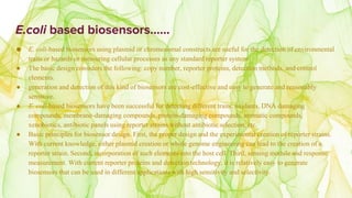 E.coli based biosensors…...
● E. coli-based biosensors using plasmid or chromosomal constructs are useful for the detection of environmental
traits or hazards or measuring cellular processes as any standard reporter system .
● The basic design considers the following: copy number, reporter proteins, detection methods, and control
elements.
● generation and detection of this kind of biosensors are cost-effective and easy to generate and reasonably
sensitive.
● E. coli-based biosensors have been successful for detecting different traits: oxidants, DNA damaging
compounds, membrane-damaging compounds, protein-damaging compounds, aromatic compounds,
xenobiotics, antibiotic panels using reporter strains without antibiotic selection, etc.
● Basic principles for biosensor design. First, the proper design and the experimental creation of reporter strains.
With current knowledge, either plasmid creation or whole genome engineering can lead to the creation of a
reporter strain. Second, incorporation of such elements into the host cell. Third, sensing module and response
measurement. With current reporter proteins and detection technology, it is relatively easy to generate
biosensors that can be used in different applications with high sensitivity and selectivity.
 