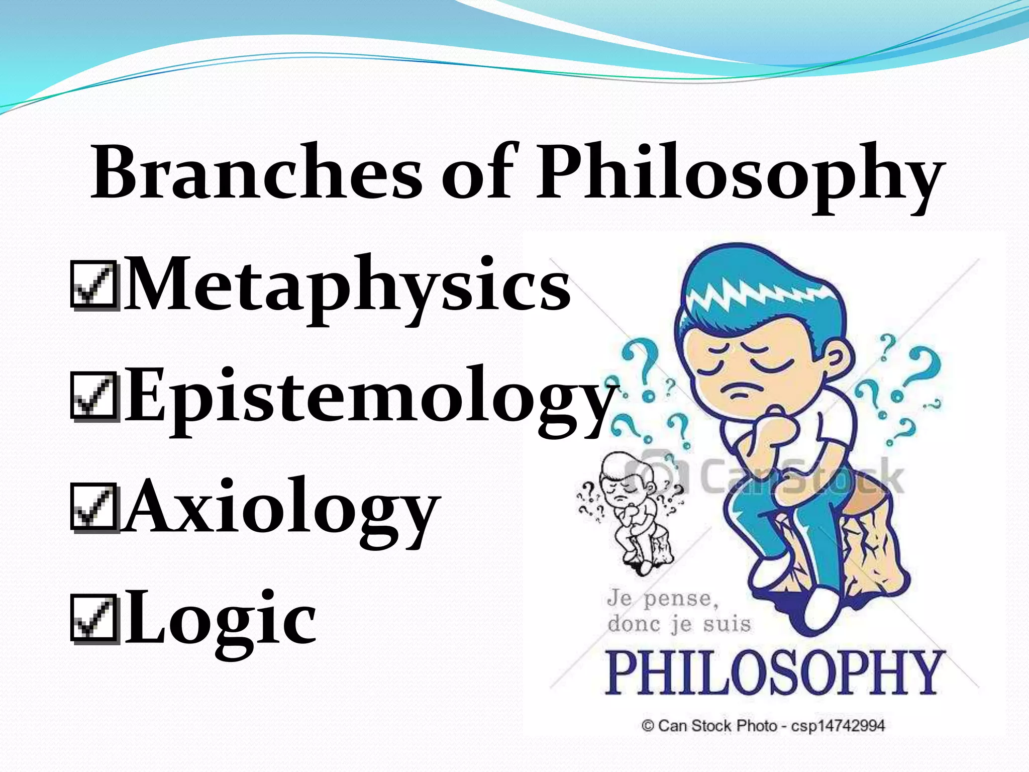 Metaphysics
Epistemology
Axiology
Logic
Branches of Philosophy
 