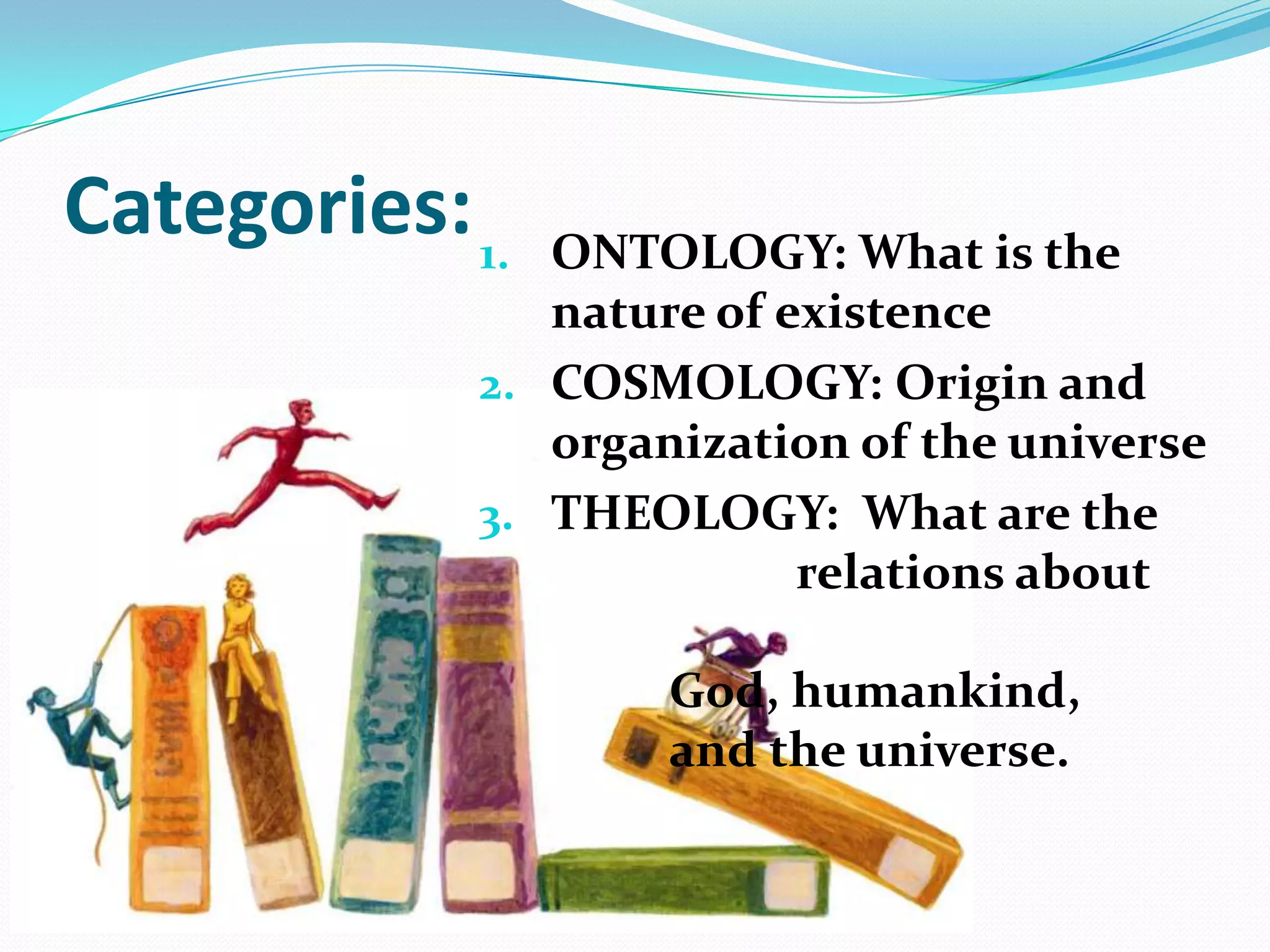 Categories:1. ONTOLOGY: What is the
nature of existence
2. COSMOLOGY: Origin and
organization of the universe
3. THEOLOGY: What are the
relations about
God, humankind,
and the universe.
 
