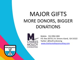 MAJOR GIFTS
MORE DONORS, BIGGER
DONATIONS[
Mobile: 912.996.5383
P.O. Box 20731| St. Simons Island, GA 31522
Twitter: @XcelFundraising
www.charlesmolloyconsulting.com
 