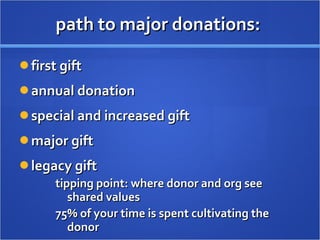path to major donations:  first gift annual donation special and increased gift major gift legacy gift tipping point: where donor and org see shared values 75% of your time is spent cultivating the donor 