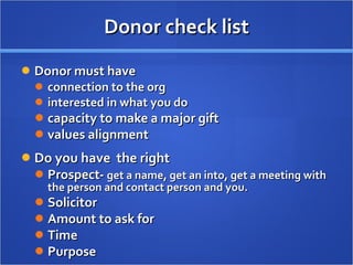 Donor check list Donor must have connection to the org interested in what you do capacity to make a major gift values alignment Do you have  the right Prospect-  get a name, get an into, get a meeting with the person and contact person and you.  Solicitor Amount to ask for Time Purpose 