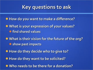 Key questions to ask How do you want to make a difference? What is your expression of your values? find shared values What is their vision for the future of the org?  show past impacts How do they decide who to give to? How do they want to be solicited? Who needs to be there for a donation? 