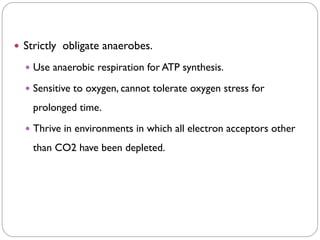  Strictly obligate anaerobes.
 Use anaerobic respiration for ATP synthesis.
 Sensitive to oxygen, cannot tolerate oxygen stress for
prolonged time.
 Thrive in environments in which all electron acceptors other
than CO2 have been depleted.
 