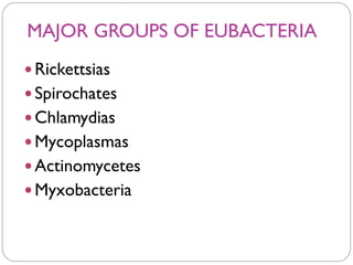 MAJOR GROUPS OF EUBACTERIA
 Rickettsias
 Spirochates
 Chlamydias
 Mycoplasmas
 Actinomycetes
 Myxobacteria
 