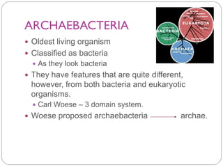 ARCHAEBACTERIA
 Oldest living organism
 Classified as bacteria
 As they look bacteria
 They have features that are quite different,
however, from both bacteria and eukaryotic
organisms.
 Carl Woese – 3 domain system.
 Woese proposed archaebacteria archae.
 