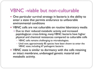 VBNC -viable but non-culturable
 One particular survival strategy in bacteria is the ability to
enter a state that permits endurance to unfavorable
environmental conditions
 VBNC cells are not culturable on routine laboratory media
 Due to their reduced metabolic activity and increased
peptidoglycan cross-linking, manyVBNC bacteria have higher
physical and chemical resistances compared to culturable cells
 VBNC cells remains challenging to microbiologists.
 Until now, approximately 85 species have been shown to enter the
VBNC state, including 67 pathogenic bacteria
 VBNC state is similar to dormancy with the cells retaining
an intact membrane, undamaged genetic material and
metabolic activity.
 