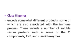 • Class III genes
• encode somewhat different products, some of
which are also associated with the immune
process. These include a number of soluble
serum proteins such as some of the C'
components, TNF, and steroid enzymes.
 