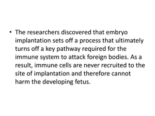 • The researchers discovered that embryo
implantation sets off a process that ultimately
turns off a key pathway required for the
immune system to attack foreign bodies. As a
result, immune cells are never recruited to the
site of implantation and therefore cannot
harm the developing fetus.
 