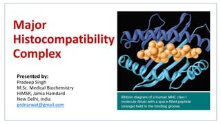Major
Histocompatibility
Complex
Presented by:
Pradeep Singh
M.Sc. Medical Biochemistry
HIMSR, Jamia Hamdard
New Delhi, India
prdnarwat@gmail.com
 