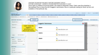 CHECKING TECHNICIAN AVAILABILITY BEFORE ASSIGNING TICKETS
FEATURE: SCHEDULER – LOGGED IN TECHNICIANS/TECH AVAILABILITY CHART
Once Catrin is notified of incoming tickets, she needs to assemble a team. Catrin uses the scheduler in
ServiceDesk Plus to check the list of logged in technicians. She is in particular looking for Scott, but he’s not
available on that particular day.
Catrin views the
logged in
technicians and
finds Scott missing
 