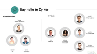 Say hello to Zylker
WENDY
HR
DAVE
HIRING MANAGER
JOHN
END USER
BUSINESS USERS IT FOLKS
CIO
MARCUS
SCOTT
IT TECHNICIAN
JASON
IT TECHNICIAN
ADAM
IT TECHNICIAN
CATRIN
IT SERVICE
MANAGER
 