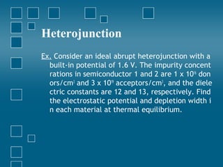 Heterojunction
Ex. Consider an ideal abrupt heterojunction with a
  built-in potential of 1.6 V. The impurity concent
  rations in semiconductor 1 and 2 are 1 x 1016 don
  ors/cm3 and 3 x 1019 acceptors/cm3, and the diele
  ctric constants are 12 and 13, respectively. Find
  the electrostatic potential and depletion width i
  n each material at thermal equilibrium.
 