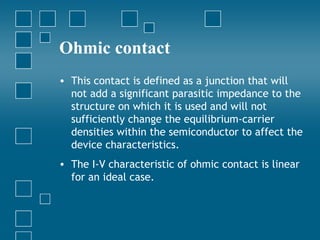 Ohmic contact
• This contact is defined as a junction that will
  not add a significant parasitic impedance to the
  structure on which it is used and will not
  sufficiently change the equilibrium-carrier
  densities within the semiconductor to affect the
  device characteristics.
• The I-V characteristic of ohmic contact is linear
  for an ideal case.
 