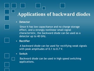 Applications of backward diodes
• Detector
  Since it has low capacitance and no charge storage
  effect, and a strongly nonlinear small-signal
  characteristic, the backward diode can be used as a
  detector up to 40 GHz.
• Rectifier
  A backward diode can be used for rectifying weak signals
  with peak amplitudes of 0.1 to 0.7 V.
• Switch
  Backward diode can be used in high speed switching
  applications.
 