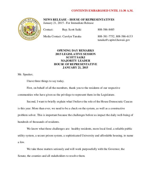 Hawaii House Majority Leader Opening Remarks