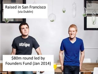 $80m round led by
Founders Fund (Jan 2014)
Raised in San Francisco
(via Dublin)
 