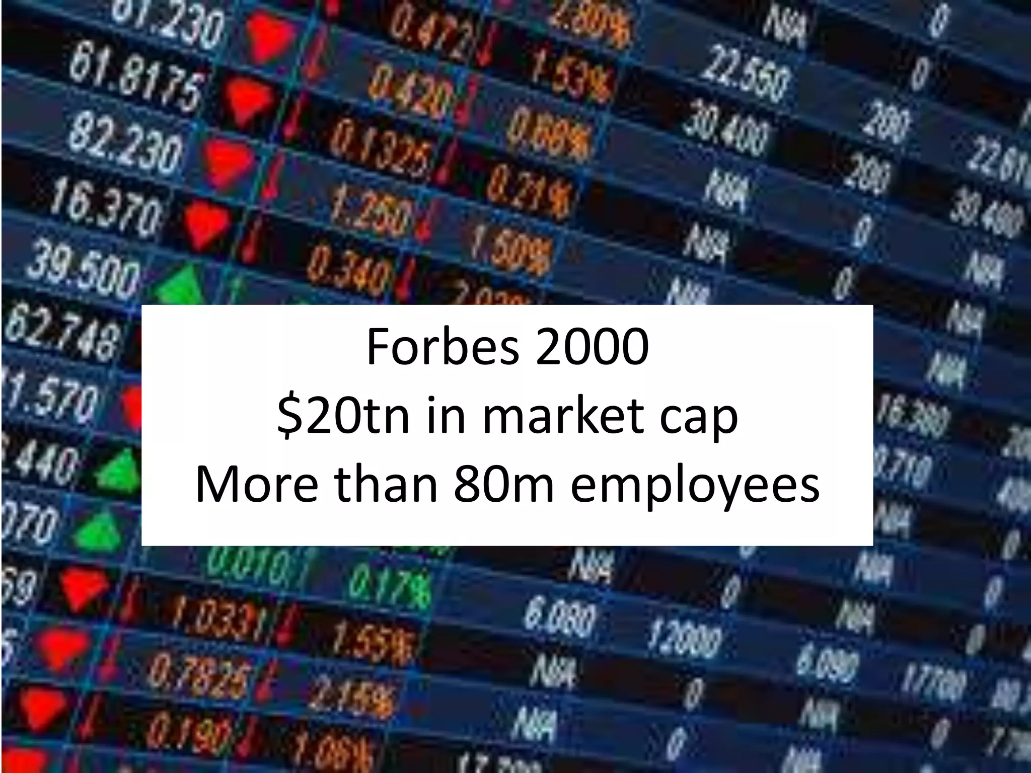Forbes 2000 
$20tn in market cap 
More than 80m employees 
 